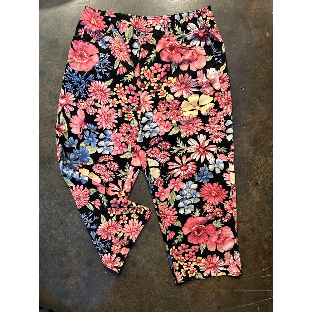 Liz Claiborne Pants Womens 12 Floral Print Capri Cotton Black Multicolor - Picture 1 of 6